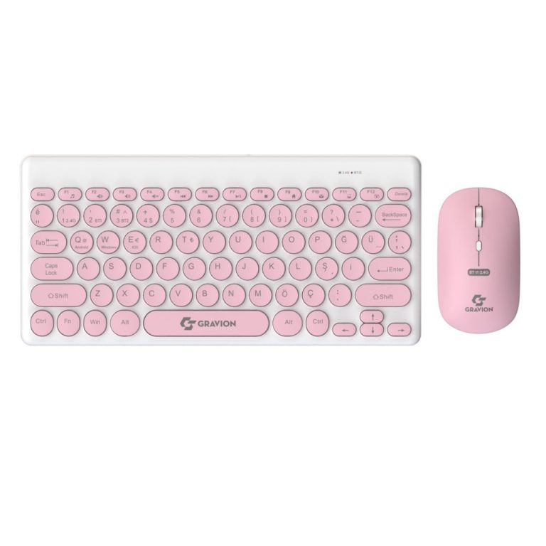 Gravion KM-BT37 Çif Modlu Wireles Bluetooth Klavye Mouse Set Pembe